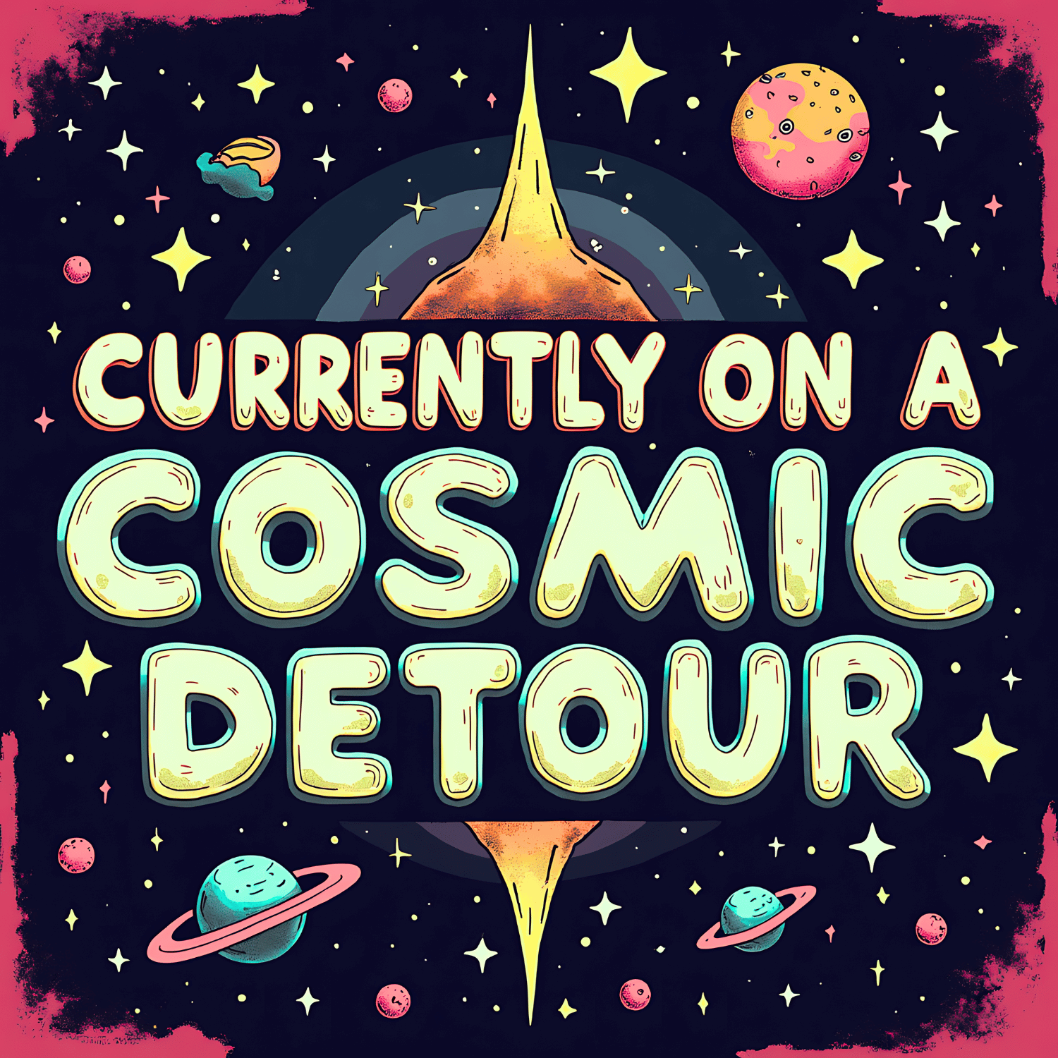 Colorful space-themed illustration with planets, stars, and a rocket, featuring text that says 'Currently on a Cosmic Detox'.