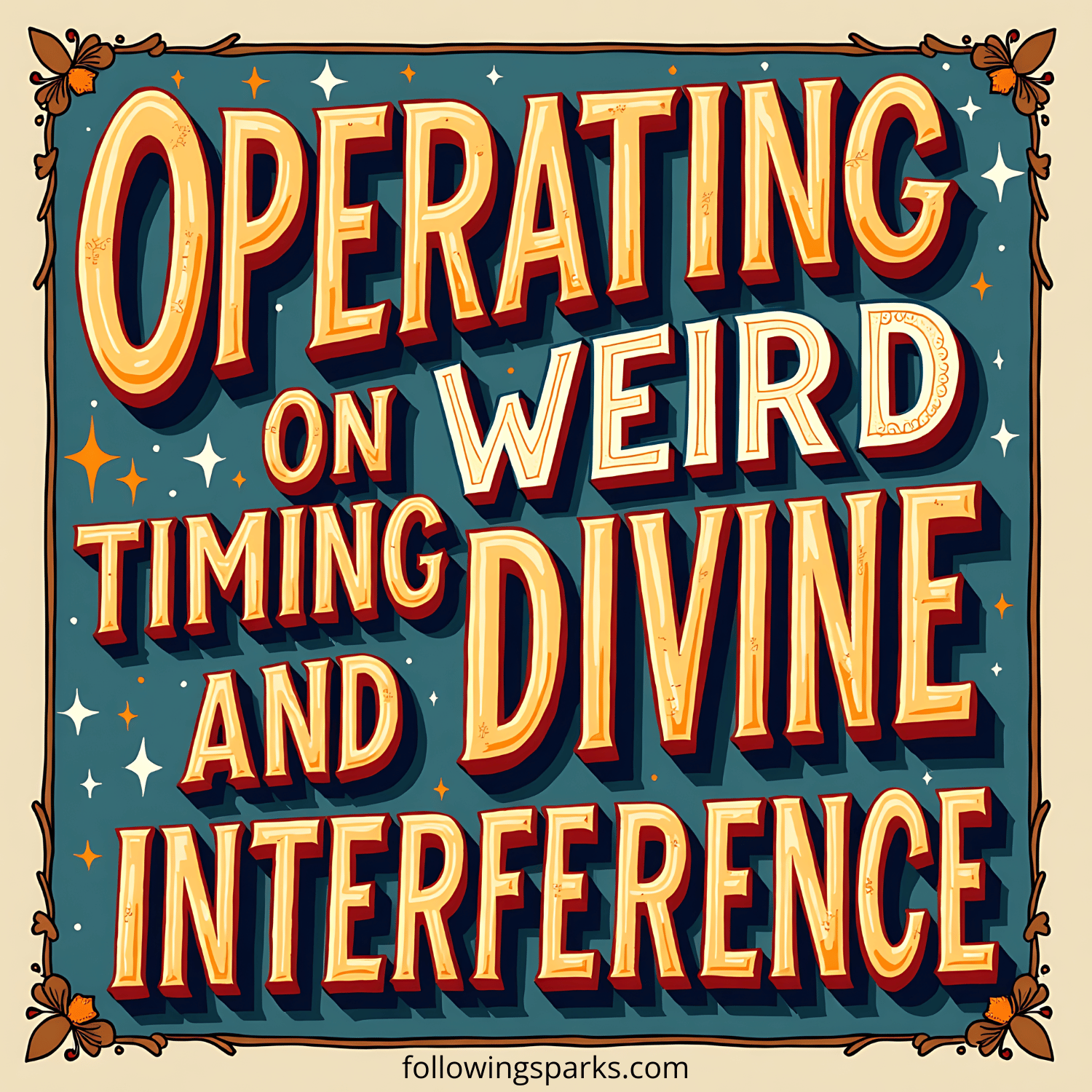 A decorative sign with the quote 'Operating on weird timing and divine interference', featuring a dark background with white and orange stars and surrounded by a border of brown flowers and butterflies.