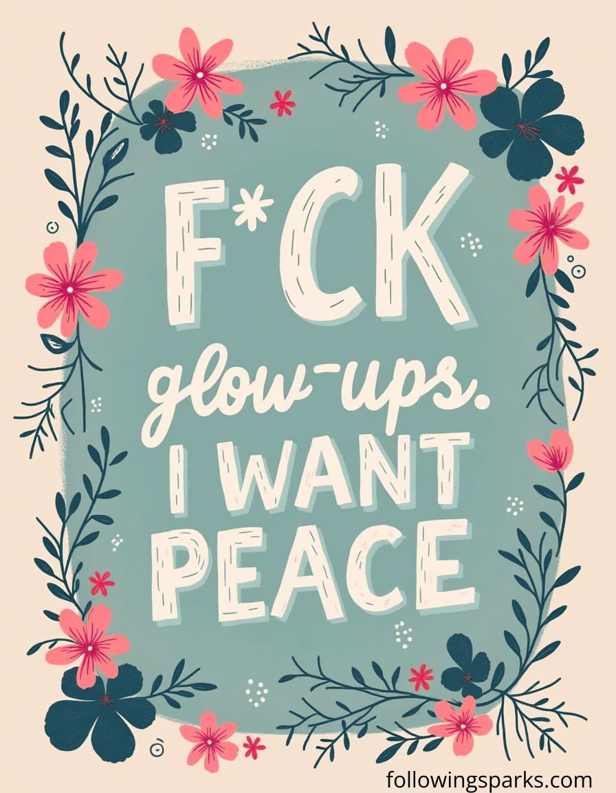 Decorative floral design with pink and dark blue flowers and leaves surrounding the text 'F*CK glow-ups. I WANT PEACE' in white, playful font.