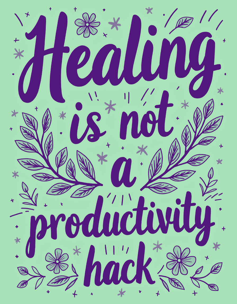 A motivational quote saying, 'Healing is not a productivity hack,' surrounded by purple leaves, flowers, and stars on a light green background.