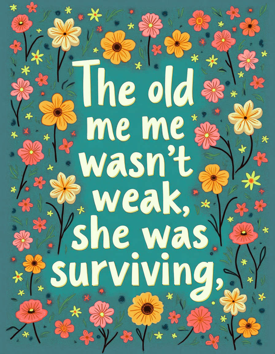Colorful floral background with pink, yellow, and orange flowers surrounding a motivational quote that reads, 'The old me wasn’t weak, she was surviving.'