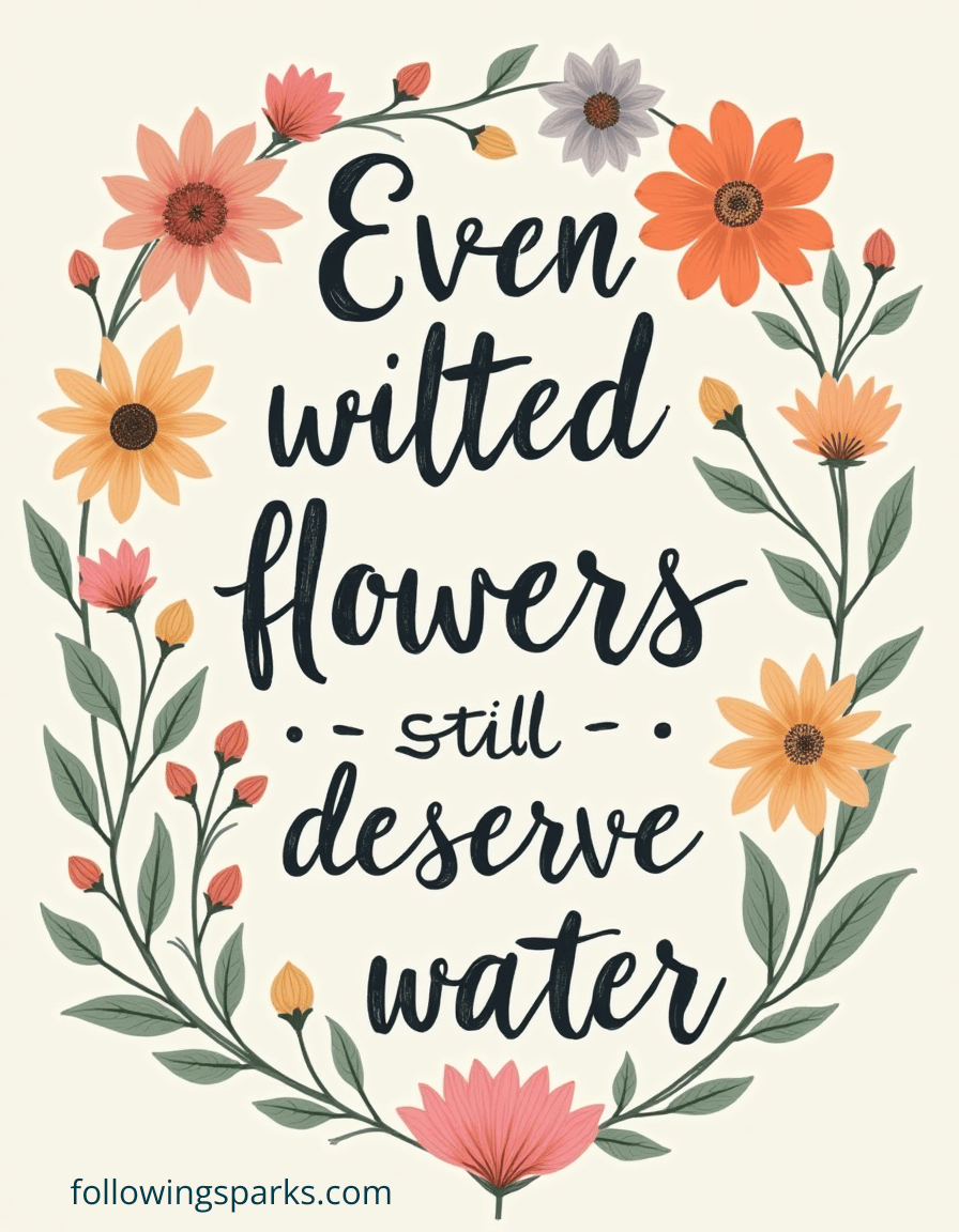 A floral quote poster with pink, orange, and purple flowers and green leaves. The quote says, "Even wilted flowers still deserve water."