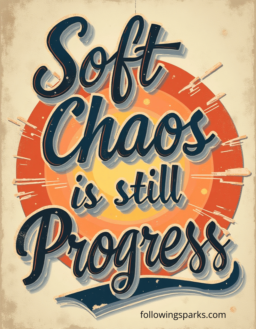 A motivational poster with the quote, "Soft chaos is still progress," written in stylized dark blue script on an orange and yellow sunburst background. The website followingparks.com is at the bottom.