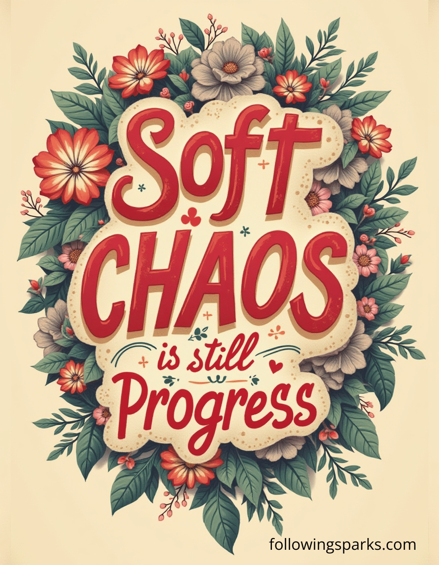A decorative floral sign with the quote 'Soft chaos is still progress' surrounded by colorful flowers and green leaves.