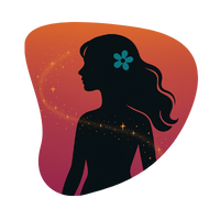 Silhouette of a woman with long hair and a flower in her hair, set against a colorful, starry background with warm orange and pink tones.