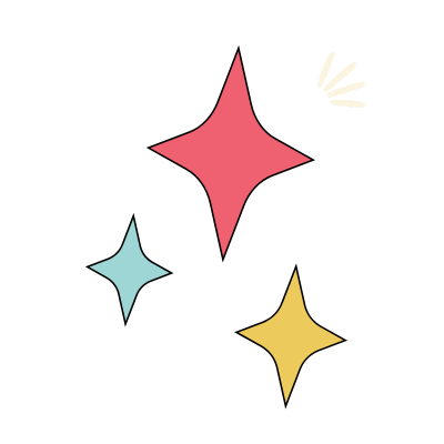 Three colorful star-like shapes—pink, blue, and yellow—with a small yellow accent lines on the pink star, on a black background.