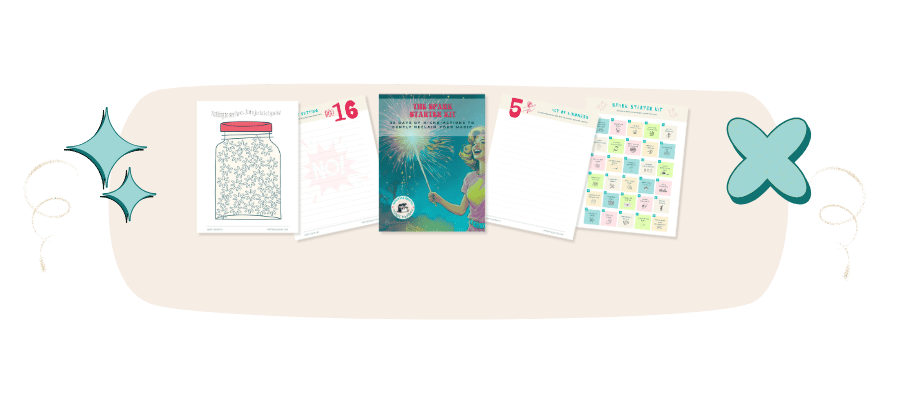 Set of five colorful activity and educational worksheets spread out on a light background, decorated with star and swirl graphics.