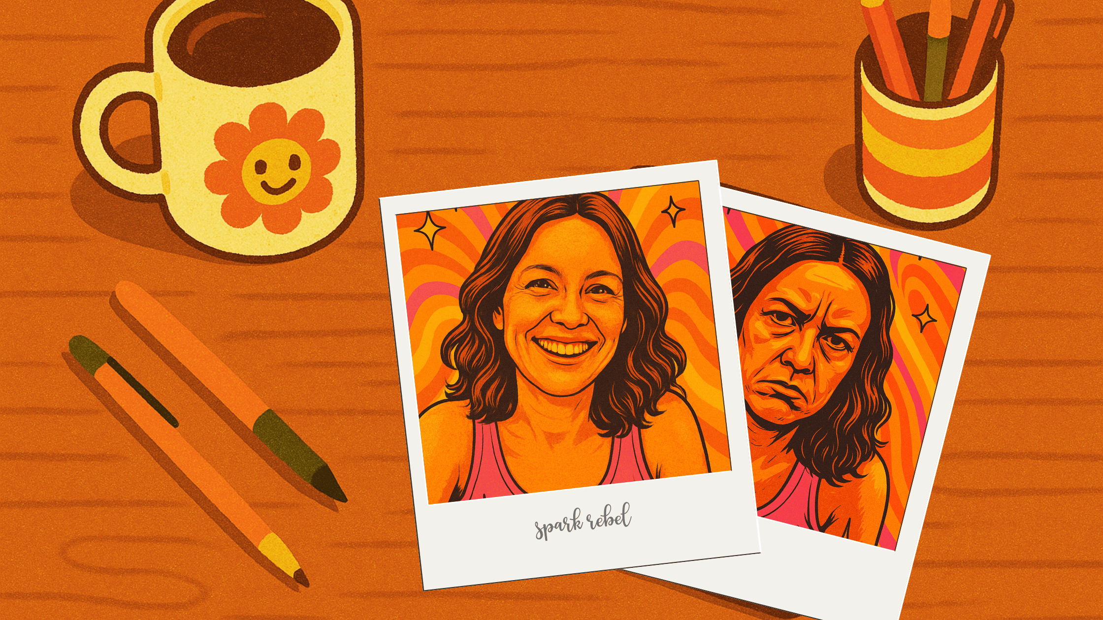 retro desktop with two polaroids showing a grumpy mary and a spark filled mary