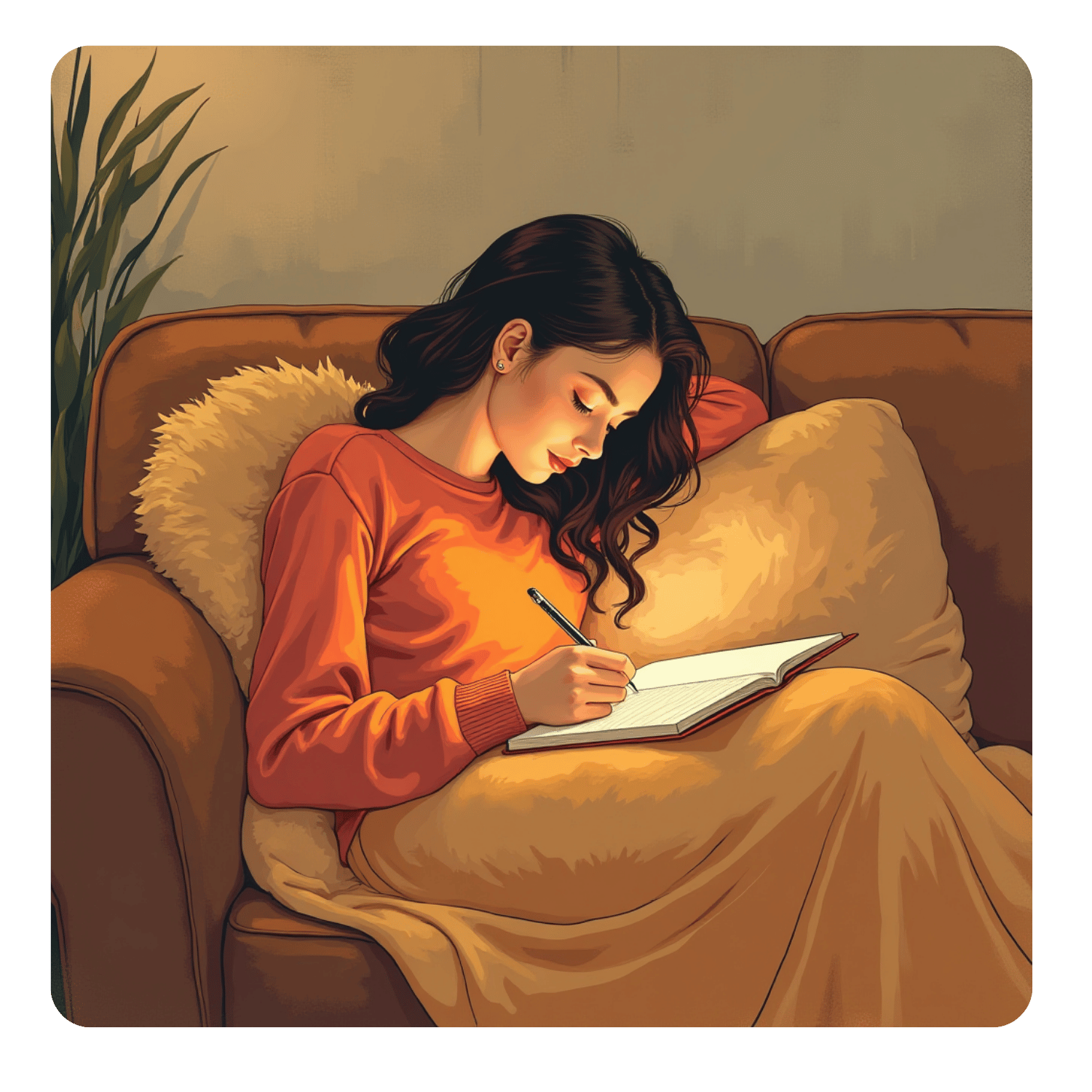 woman in a cozy blanket on the couch writing in her journal