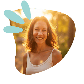 Smiling woman with shoulder-length hair in sunlight, wearing a white tank top, outdoors in a natural setting.