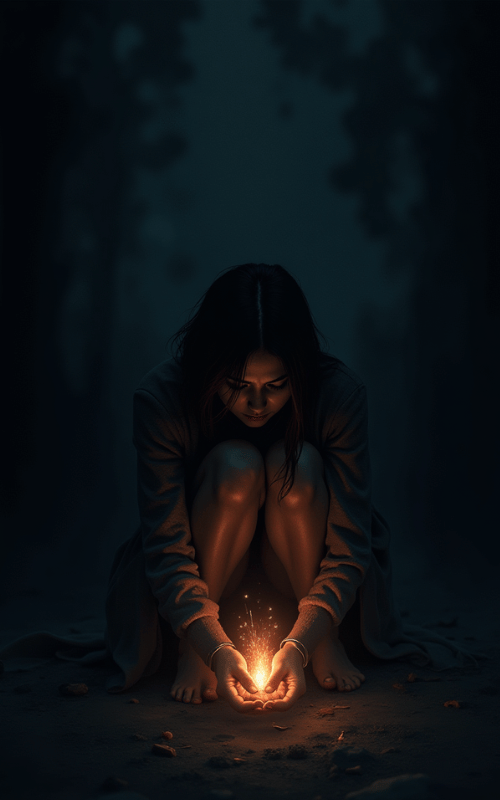 woman sitting in darkness nurturing a small spark of light